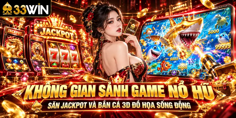 Không gian sảnh game Nổ Hũ săn Jackpot và Bắn Cá 3D đồ họa sống động